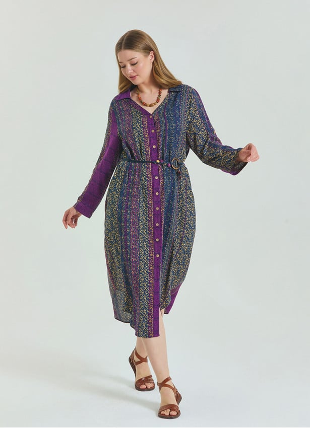 Shirt Collar Belt Detailed Purple Patterned Long Sleeve Plus Size Dress 4612